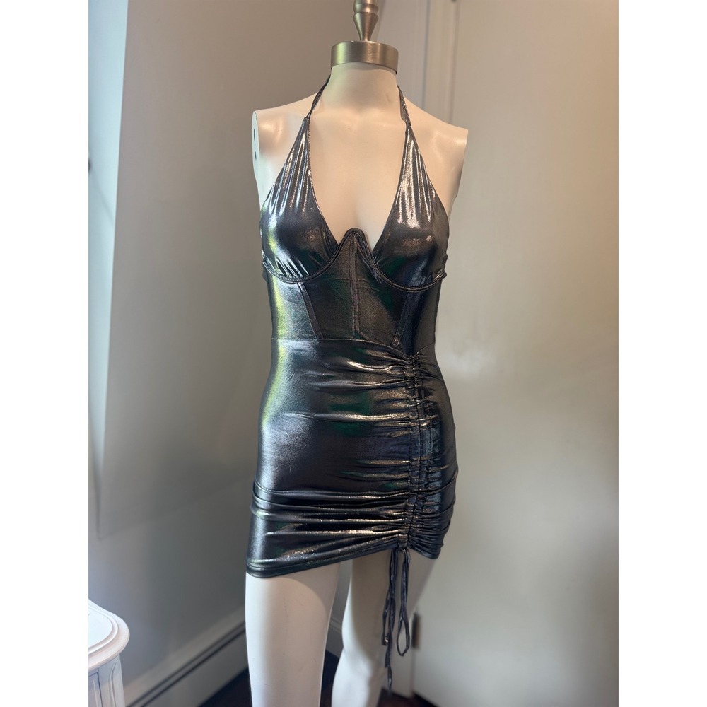Iridescent Silver Metallic‎ Halter Mini Dress | Size XS